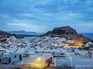 Rhodes Prints: View over Lindos village towards the Acropolis at dawn