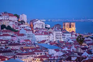 Romantic Prints: View of Lisbon and fountain in Miradouro de Sao Pedro de Alcantara at dusk