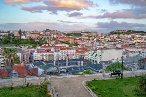 Terrace Prints: View of Lisbon from Miradouro de Sao Pedro de Alcantara at sunset