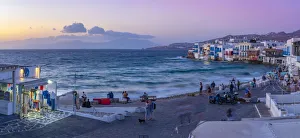 Mykonos Prints: View of Little Venice in Mykonos Town at sunset, Mykonos, Cyclades Islands, Greek Islands