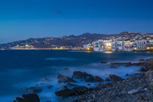 Little Venice Prints: View of Little Venice and town at night, Mykonos Town, Mykonos, Cyclades Islands