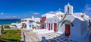 Towers Prints: View of little white chapel and Little Venice, Mykonos Town, Mykonos, Cyclades Islands
