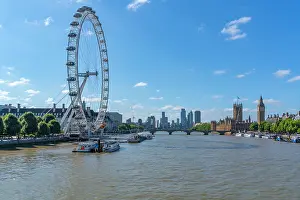Recreational Prints: View of London Eye, Big Ben and Houses of Parliament from Golden Jubilee Bridge on a summer day