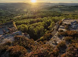 Heather Prints: View looking towards Hathersage and Hope Valley in evening sunlight from Millstone Edge with blooming heather