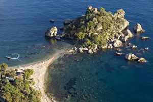 Taormina Prints: View from a lookout down to Isola Bella and the beach, Taormina, Sicily, Italy, Europe