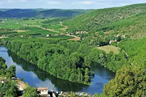 Riverside Prints: View over the Lot river and surrounding hills from Belaye in Midi-Pyrenees region