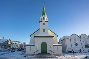 Lutheran Prints: View of Lutheran Free Church on a sunny day in winter, Reykjavik, Iceland