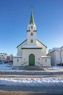 Wonderland Prints: View of Lutheran Free Church on a sunny day in winter, Reykjavik, Iceland