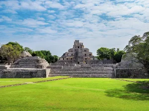 Campeche Prints: View over Main Plaza towards Great Acropolis and Temple of Five Floors