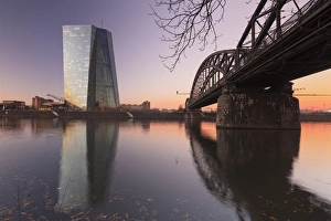 View over Main River to European Central Bank, Frankfurt, Hesse, Germany, Europe