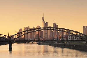Hesse Prints: View over Main River to the financial district, skyline of Frankfurt, Hesse, Germany