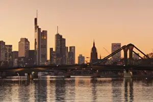 Hesse Prints: View over Main River to Floesserbruecke bridge and financial district, Frankfurt
