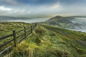 Fence Prints: View from Mam Tor of fog in Hope Valley at sunrise, Castleton, Peak District National Park