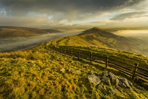 View from Mam Tor of fog in Hope Valley at sunrise, Castleton, Peak District National Park