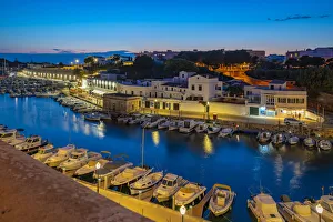 Menorca Prints: View of marina at dusk from elevated position
