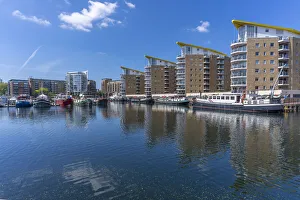 View of the marina at the Limehouse Basin, Tower Hamlets, London, England, United Kingdom View of the marina at the Limehouse Basin, Tower Hamlets, London, England, United Kingdom
