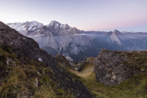Canazei Prints: View of the Marmolada mountain range at dawn, Cima Belvedere, Canazei, Val di Fassa
