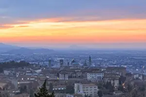 Bergamo Prints: View of the medieval old town called Citta Alta (Upper City) on hilltop framed by