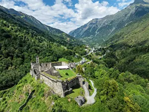 Dirt Prints: View from above Mesocco castle in Tessino Switzerland showing green valleys and surrounding mountains
