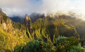 Drone Point Of View Prints: View from Miradouro do Ninho da Manta of Pico do Arieiro at sunrise