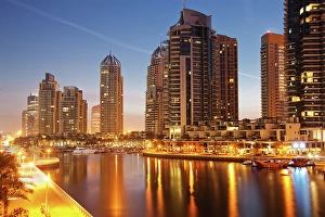 Apartments Prints: View of modern skyscrapers at night in Dubai Marina, Dubai, United Arab Emirates