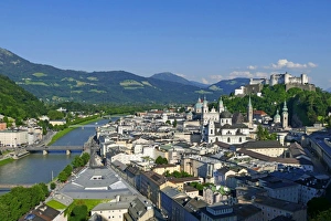 Austrian Culture Prints: View from Moenchsberg Hill across Salzach River with Cathedral, Collegiate Church