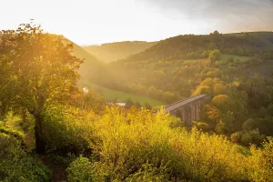 United Prints: View of Monsal Dale and viaduct at sunset with autumn colors in Bakewell Derbyshire Dales England