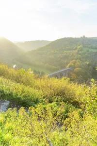 United Prints: View of Monsal Dale and viaduct during sunset in autumn over rolling hills in Bakewell