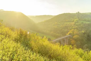 United Prints: View of Monsal Dale and viaduct at sunset shows autumn colors in Bakewell