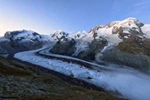 Canton Of Valais Prints: View of Mont Rosa Massif and its glacier at dusk, Zermatt, Canton of Valais, Pennine Alps