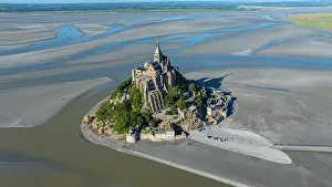 Walkways Prints: View of Mont St. Michel from above showing island