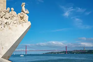Pride Prints: View of Monument to the Discoveries (Padrao dos Descobrimentos) and 25 April Bridge on a sunny day