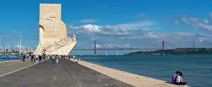 Romance Prints: View of Monument to the Discoveries (Padrao dos Descobrimentos) and 25 April Bridge on a sunny day