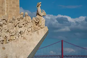 Discover Prints: View of Monument to the Discoveries (Padrao dos Descobrimentos) and 25 April Bridge on a sunny day