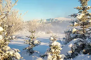 Brightness Prints: View of morning mist in Tjornin park and Lutheran Free Church on a sunny day in winter
