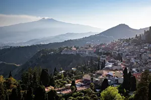 Taormina Prints: View of Mount Etna from ancient theater in Taormina, Italy during daylight