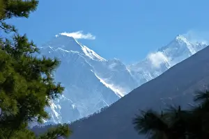 Snowcapped Prints: View to Mount Everest and Lhotse from the trail near Namche Bazaar, Nepal, Himalayas, Asia