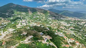 Trekking Prints: View of the mountain resort with houses and roads in a mountainous area in Qarabaqh