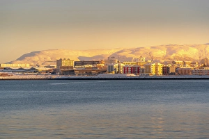 Chill Prints: View of mountainous coastline and the city of Reykjavik in winter, Reykjavik, Iceland