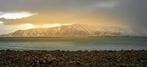Resource Prints: View of mountainous coastline North of the city seen from Reykjavik in winter