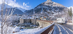 Chalet Prints: View of mountains and Dolonne from Courmayeur in winter