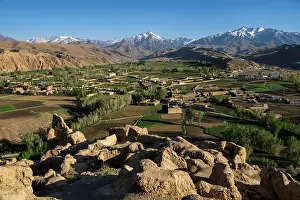 Altitude Prints: View of mountains and fields from the overlook at Shahr-e-Gholghola in Bamyian