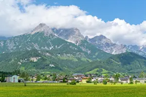 Salzburg Prints: View of mountains and fields in Saalfelden on a sunny day in Salzburg