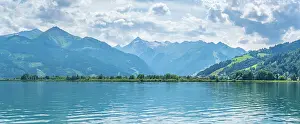 Relax Prints: View of mountains and Lake Zell from cruise boat on a sunny day