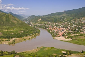 Mtkvari River Prints: View over the Mtkvari River and Mtskheta, Georgia, Caucasus, Central Asia, Asia