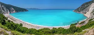 View of Myrtos Beach, coastline, sea and hills near Agkonas, Kefalonia, Ionian Islands, Greek Islands, Greece, Europe