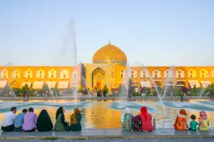 Middle Eastern Prints: View across Naqsh-e (Imam) Square from Ali Qapu Palace opposite Sheikh Lotfollah Mosque