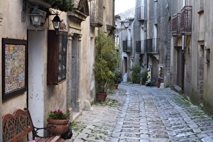 Mount Erice Prints: View down narrow cobbled street, Erice, Sicily, Italy, Europe