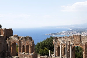 Taormina Prints: View over the Naxos coast from the Greek Roman theatre of Taormina, Sicily, Italy, Europe