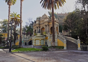 Arecaceae Prints: View of the Neptune Fountain and Terrace on the Santa Lucia Hill, Santiago, Chile